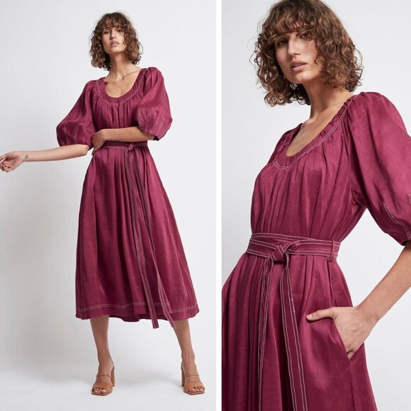 NEW Aje Rebellion Midi Dress Puff Sleeve Embroidered Silk Linen Blend Red Wine - Picture 1 of 11